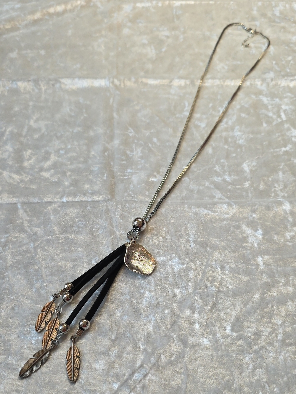 Southwestern Silver Tone & Black Feather Tassel Pendant Necklace - Boho Chic